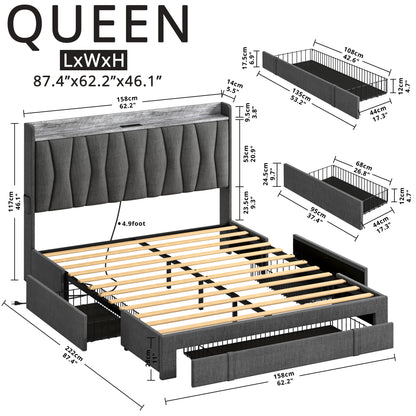 3 Drawers Upholstered Platform Bed- Grey