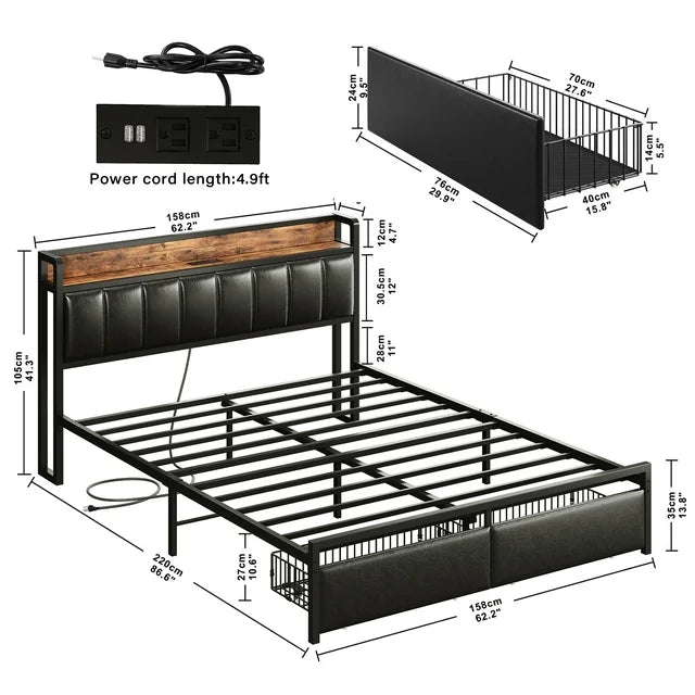 ANCTOR Queen Bed Frame with Storage Headboard, Charging Station, and Drawers