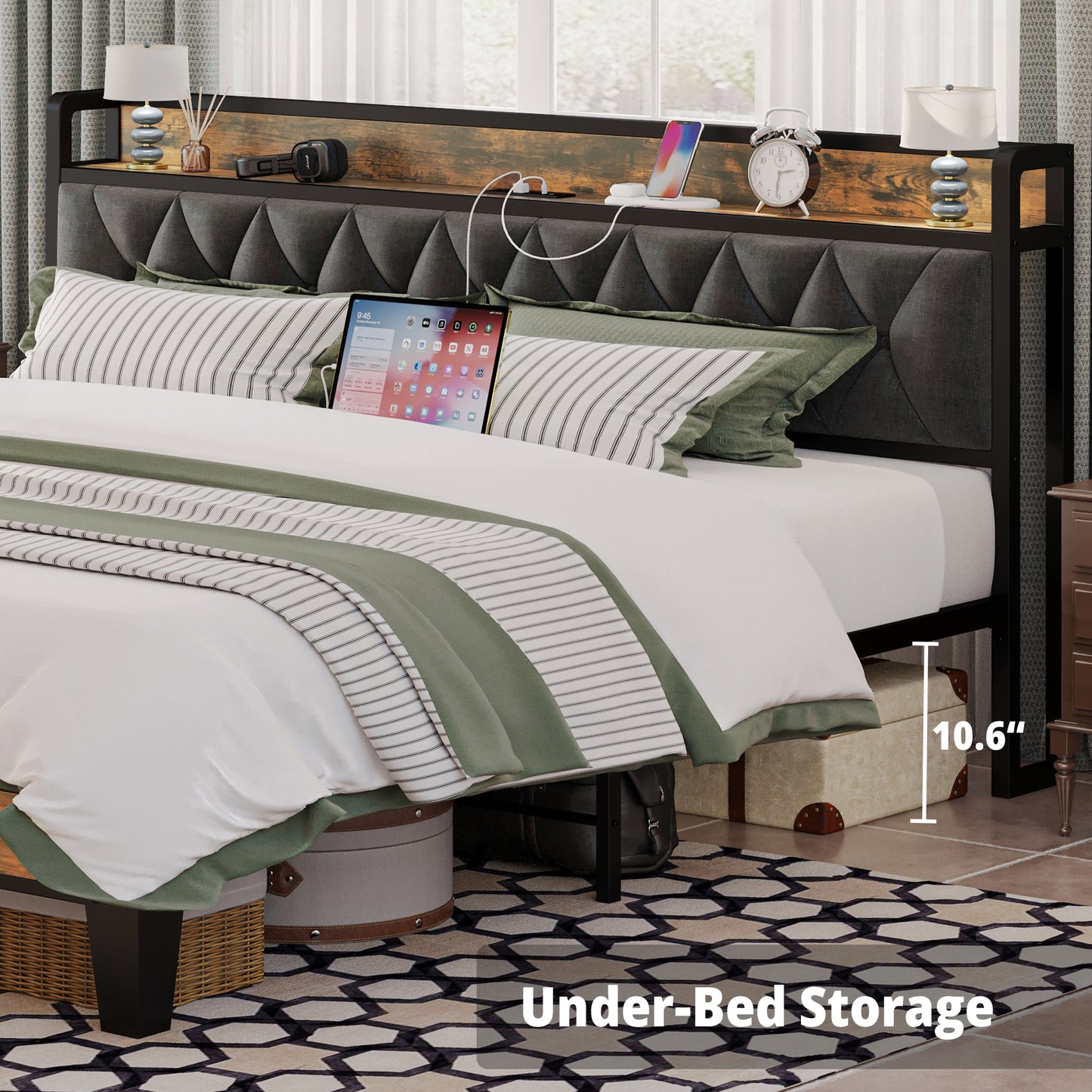 King Size Bed Frame with Storage Headboard