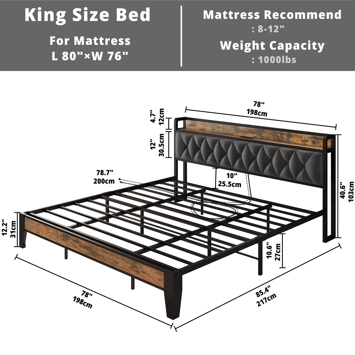 King Size Bed Frame with Storage Headboard