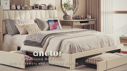 Upholstered Bed Frame with 3 Drawers