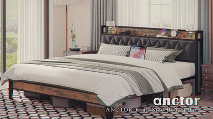 King Size Bed Frame with Storage Headboard