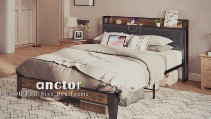 Full Size Bed Frame with Storage Headboard