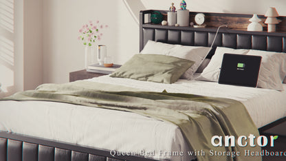 Queen Size Upholstered Bed Frame with Charging Station