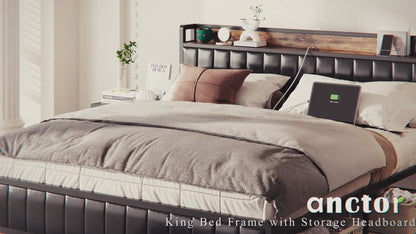 King Size Upholstered Bed Frame with Charging Station