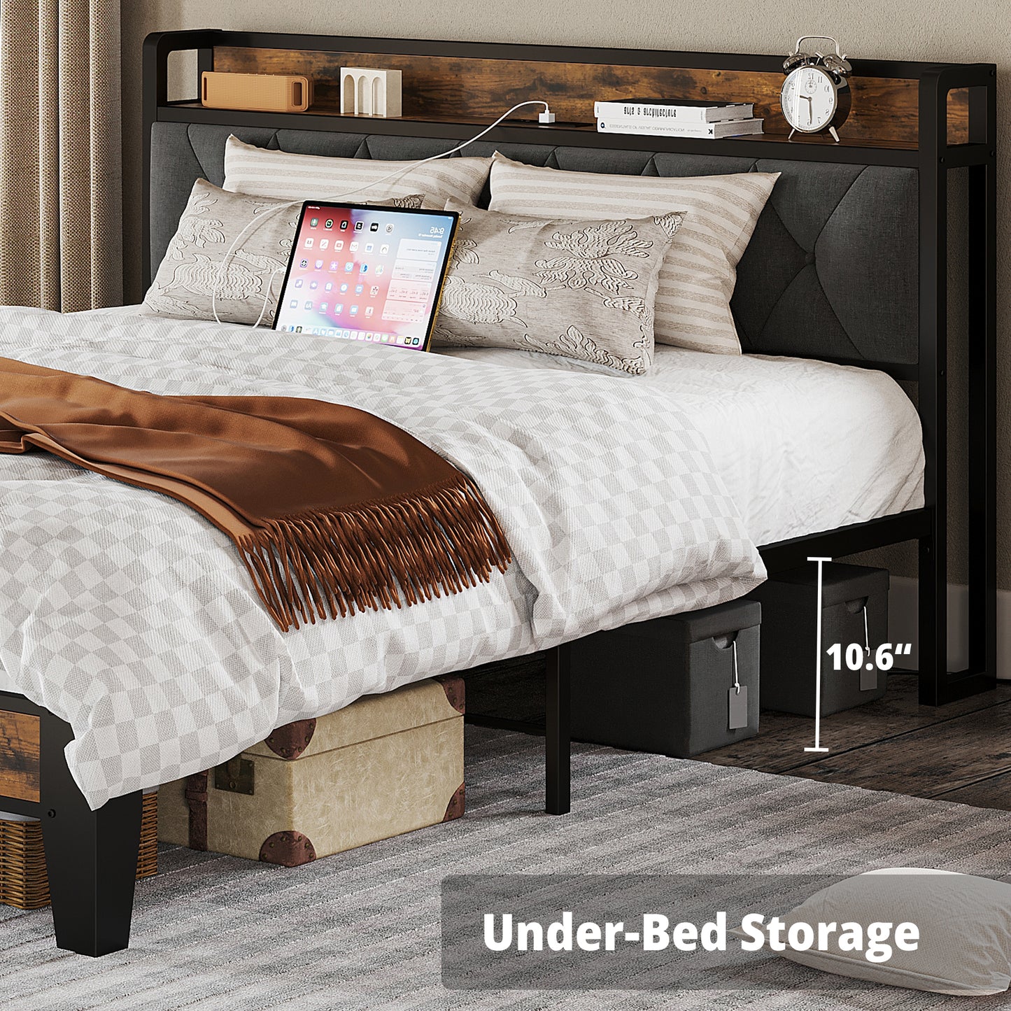 Queen Size Bed Frame with Storage Headboard