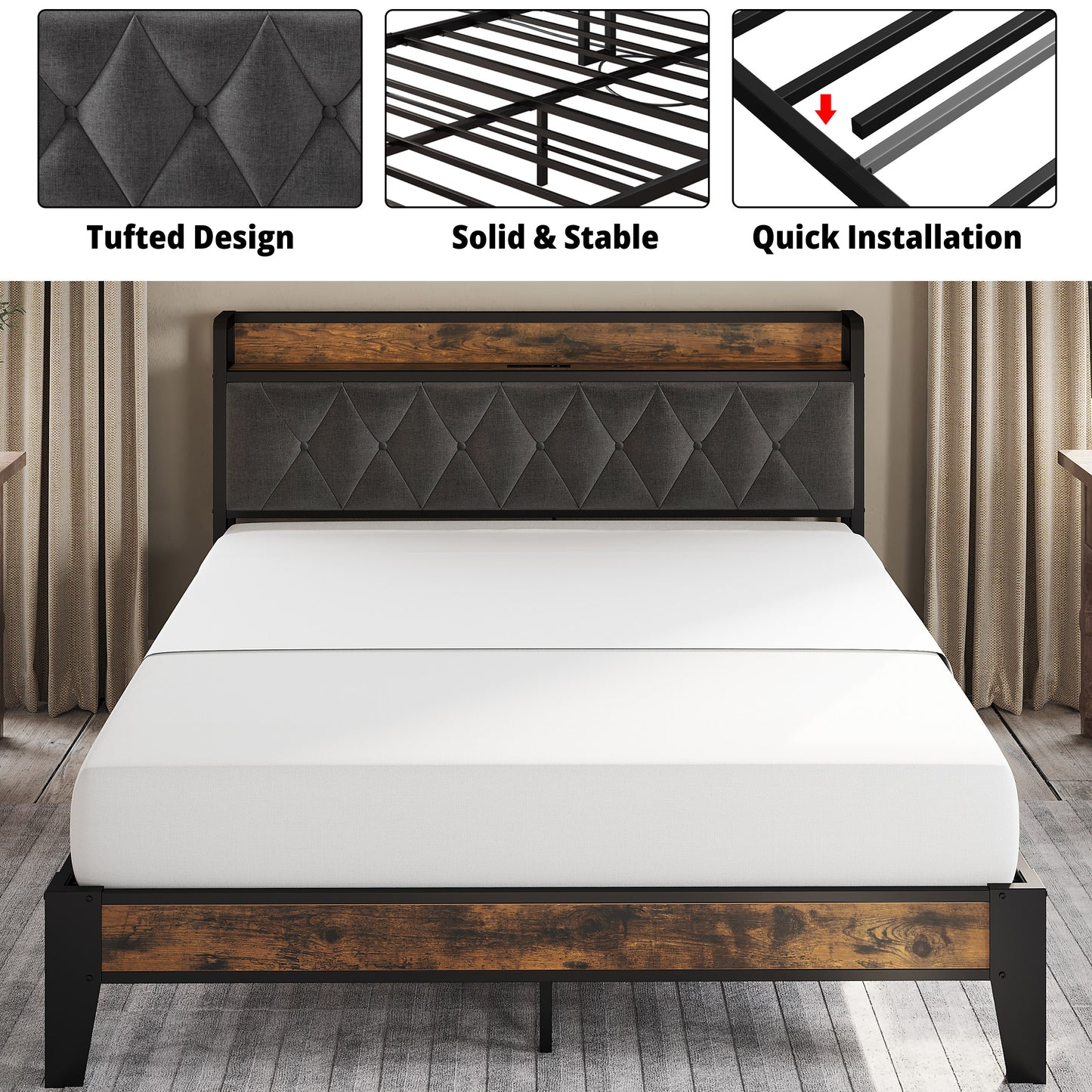 Queen Size Bed Frame with Storage Headboard