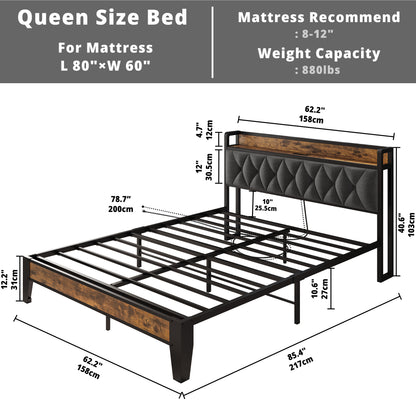 Queen Size Bed Frame with Storage Headboard